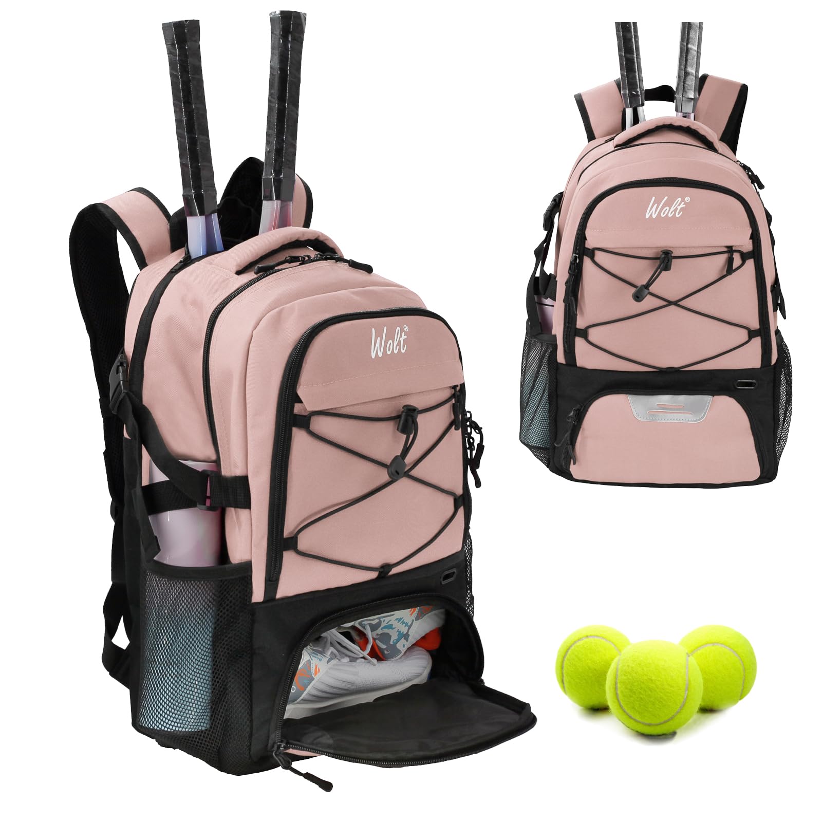 WOLT Tennis-Rucksack für Herren und Damen, große Tennisschlägertasche mit belüftetem Schuhfach für 2 Tennisschläger, Pickleball-Bälle
