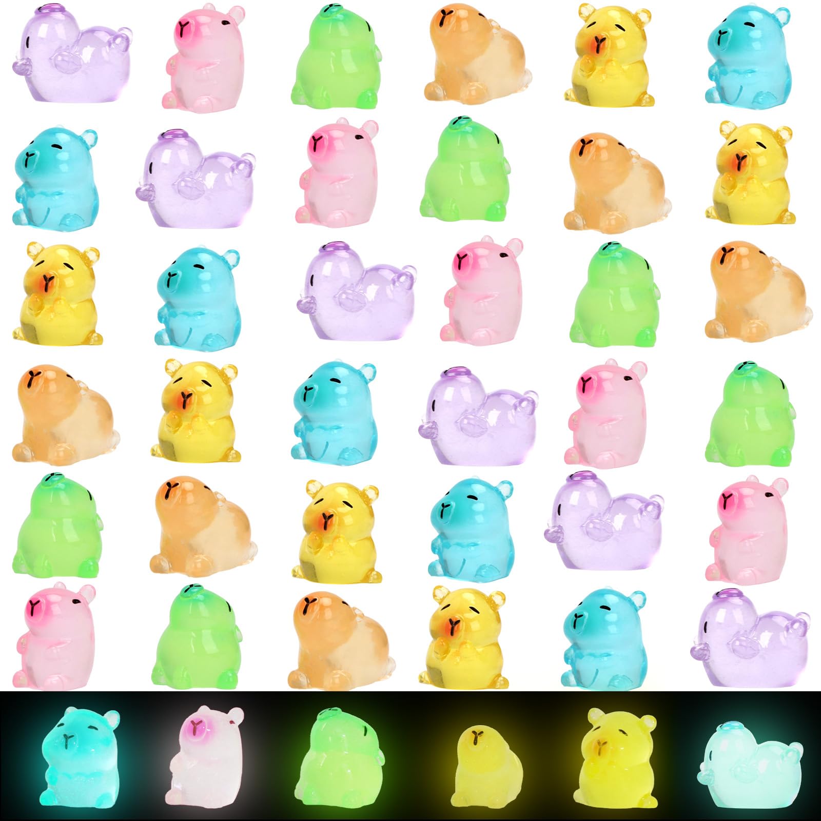 Mini Luminous Capybaras Resin Animals 48pcs Tiny Resin Animals Figures to Hide Cute Capybara Gifts Miniature Figurines for Fairy Garden Landscape Accessories Crafts Decor Cake Topper