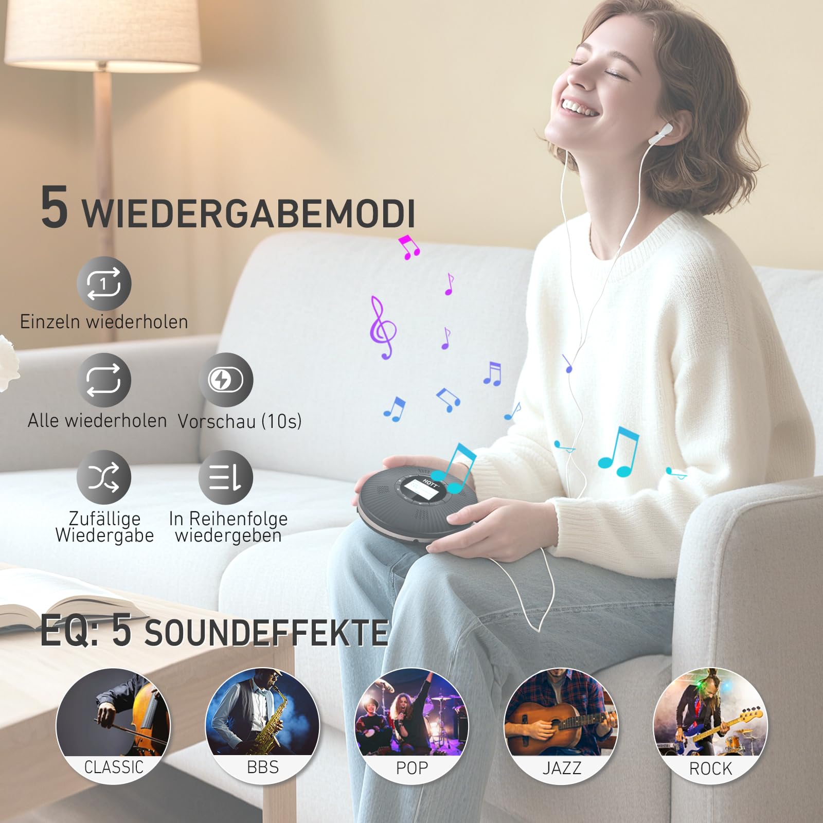 HOTT Tragbarer Bluetooth CD Player mit 4 Lautsprechern, FM-Transmitter & Anti-Skip, 1800mAh Akku mit Kopfhörern für Auto & Zuhause，Schwarz