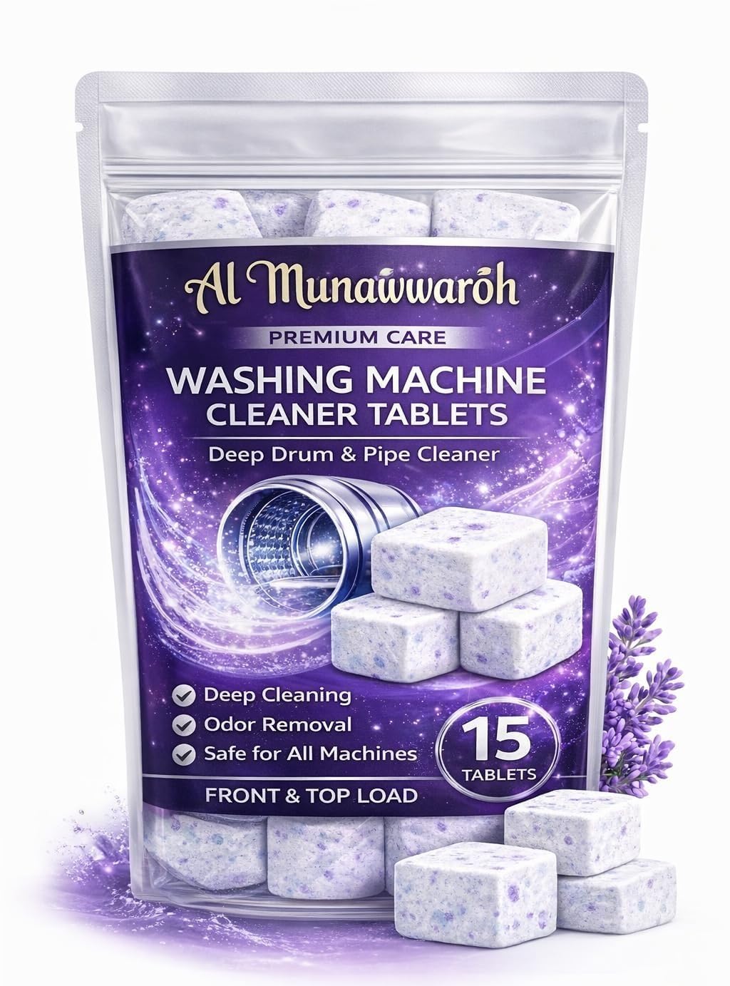 Washing Machine Cleaner Tablets (15 Tablets) | Drum & Pipe Deep Cleaner | Lavender Scent | Removes Odour, Limescale & Residue | For Front Load & Top Load Fully Automatic Washing Machines-image-47