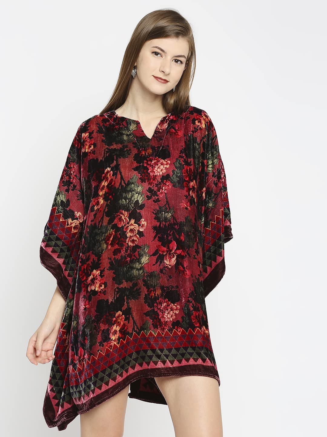 Diwali Sale Cloth Haus India Stylish Flower Printed Velvet Kaftan For Women