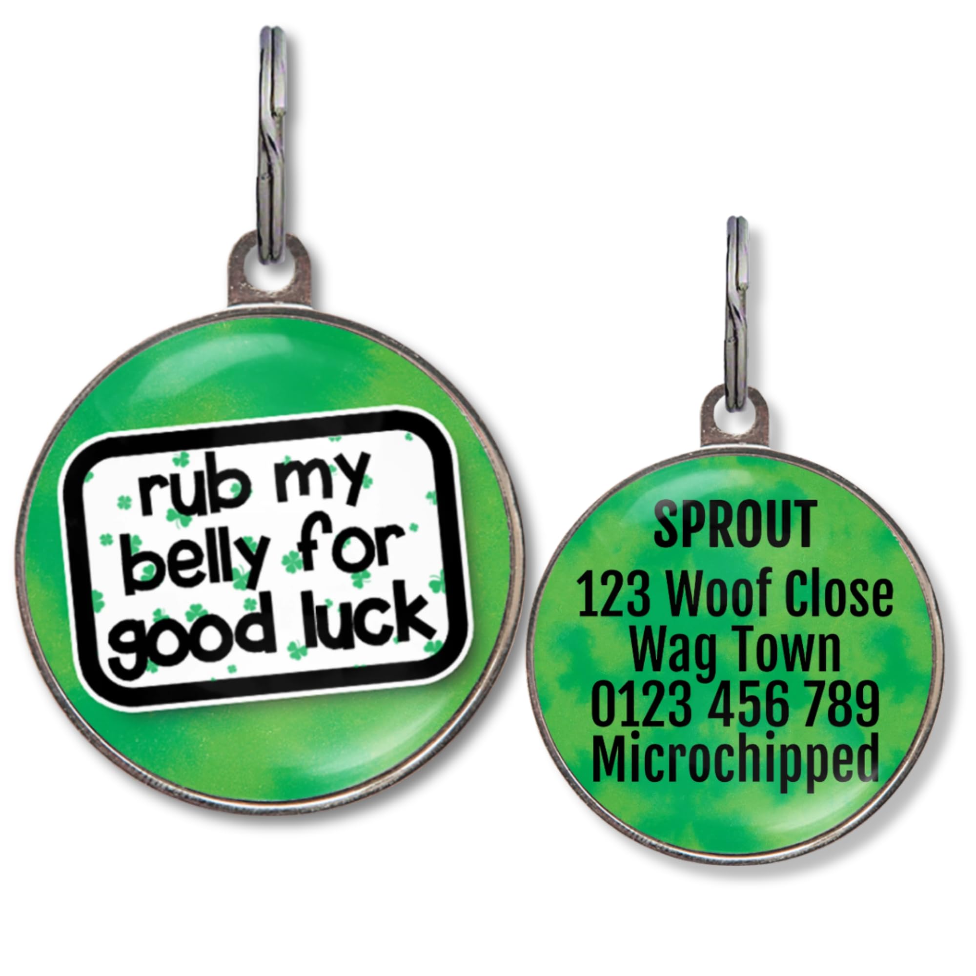 Dog Tags for Small Dogs โ Personalised Small Pet Tags, 20+ Funny Sassy Designs, Lightweight Waterproof Pet ID Tag with Custom Back Info, 36 Colour Options (Rub My Belly for Good Luck) โ image 1