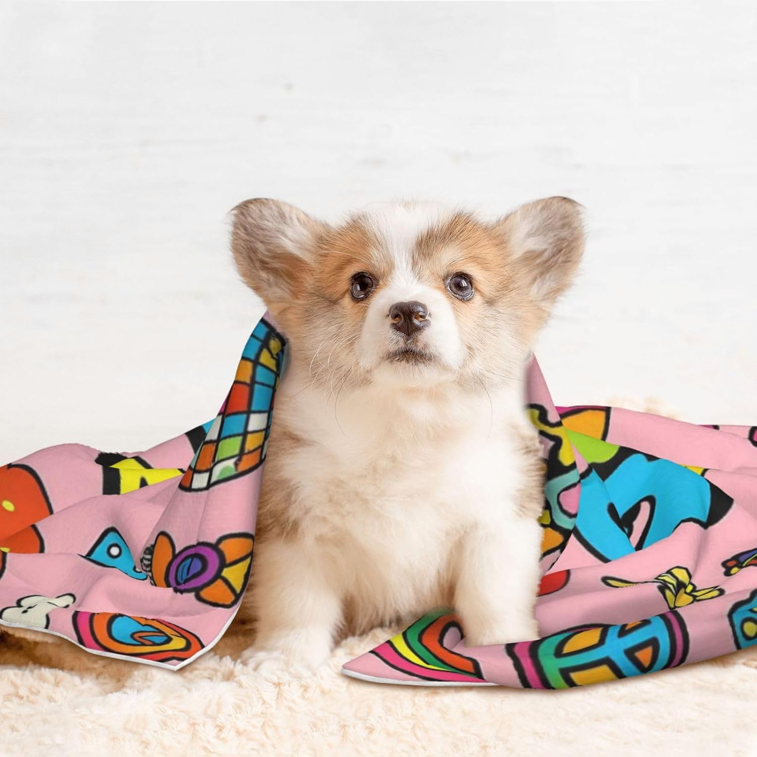 Retro 70s Hippie Print Soft Plush Pet Blanket, Washable Dog Blanket, Cat Fleece Throw, Puppy Bed Crate Mat & Sofa Couch Protector - Large