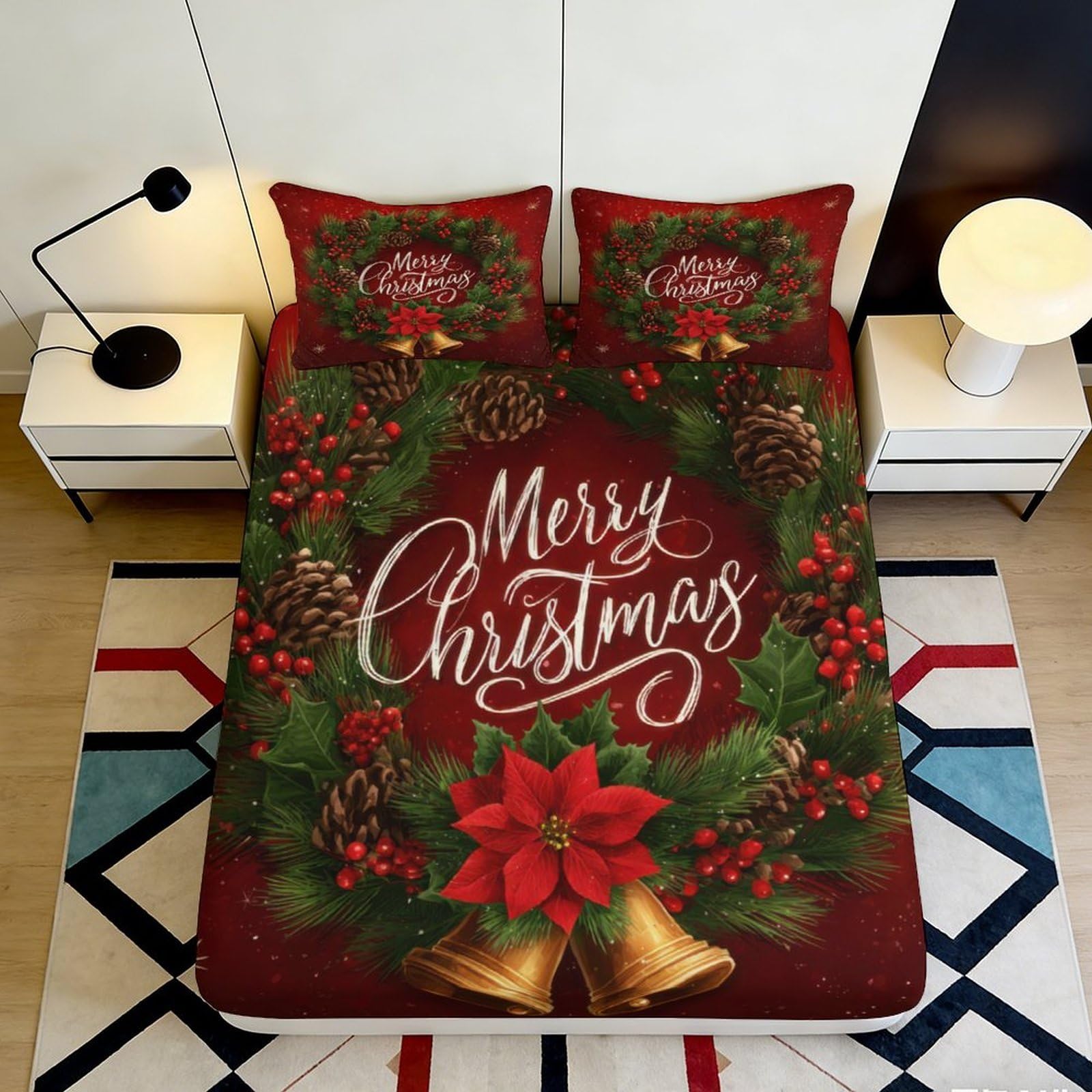 3D Printed Christmas Wreath Fitted Sheet Microfiber Holiday Bell Bed Cover for Bedroom Guest Room Decor 90x200x25cm