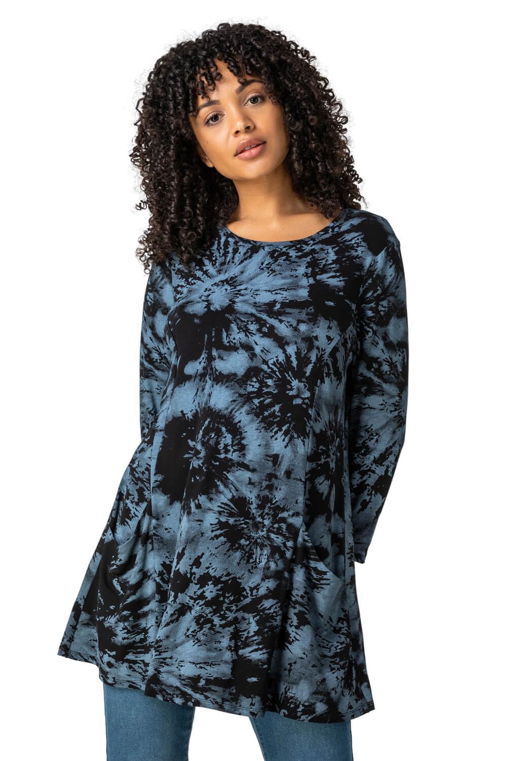 Roman Originals Women's Blue Swing Top With Pockets For Uk Hanky Hem Asymmetric Tunic Blouse Longline Long Stretch Jersey Casual Round Necktee Shirt T-Shirt - Size 14