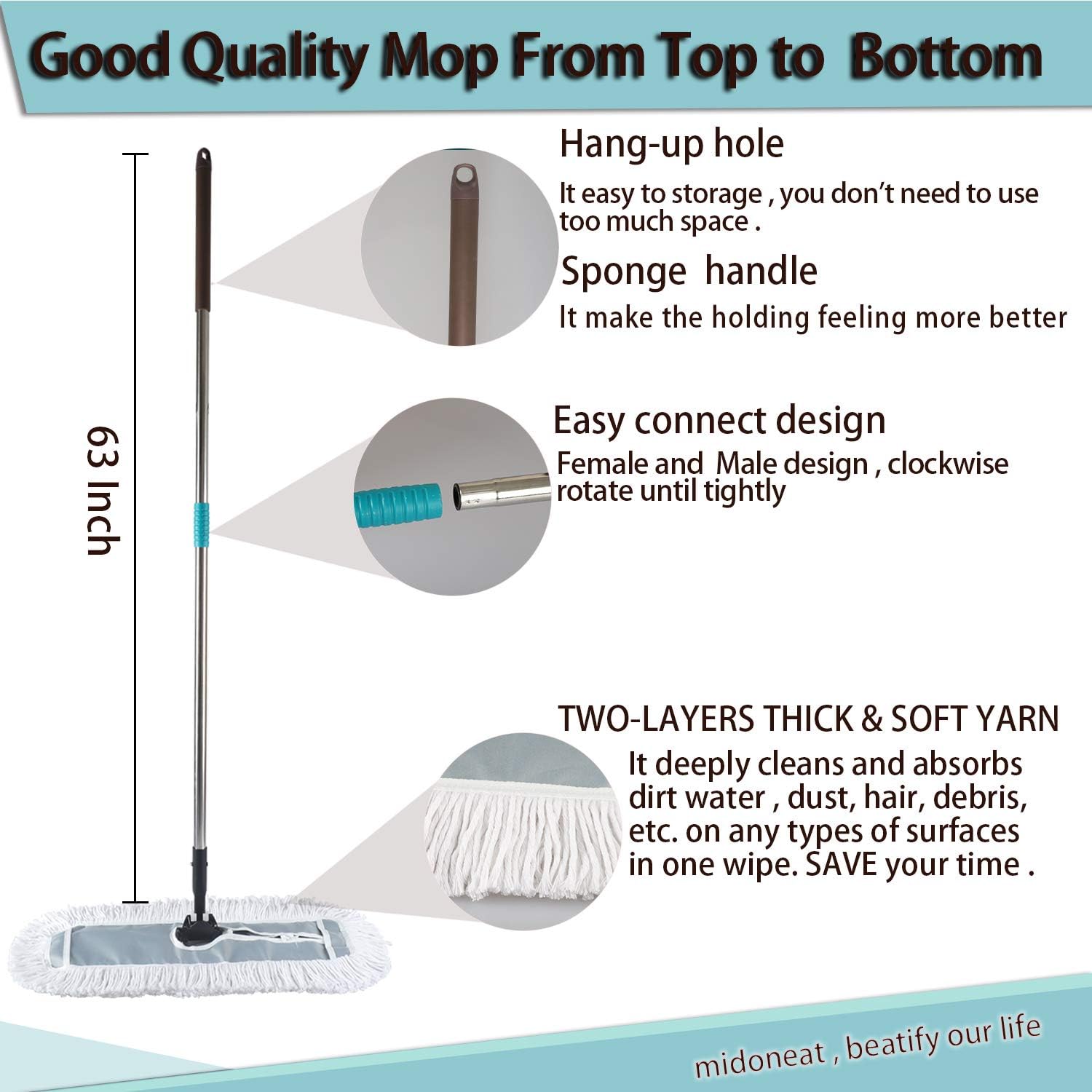 Midoneat 36 Inch Industrial Commercial Cotton Dust Mop || 63 Inch Pole || Two-Layers Thick and Soft Cotton Yarn Clean Dirty Water Dust and Hair More Easily|| 2 Sets Economical (36 inch): Kitchen & Dining