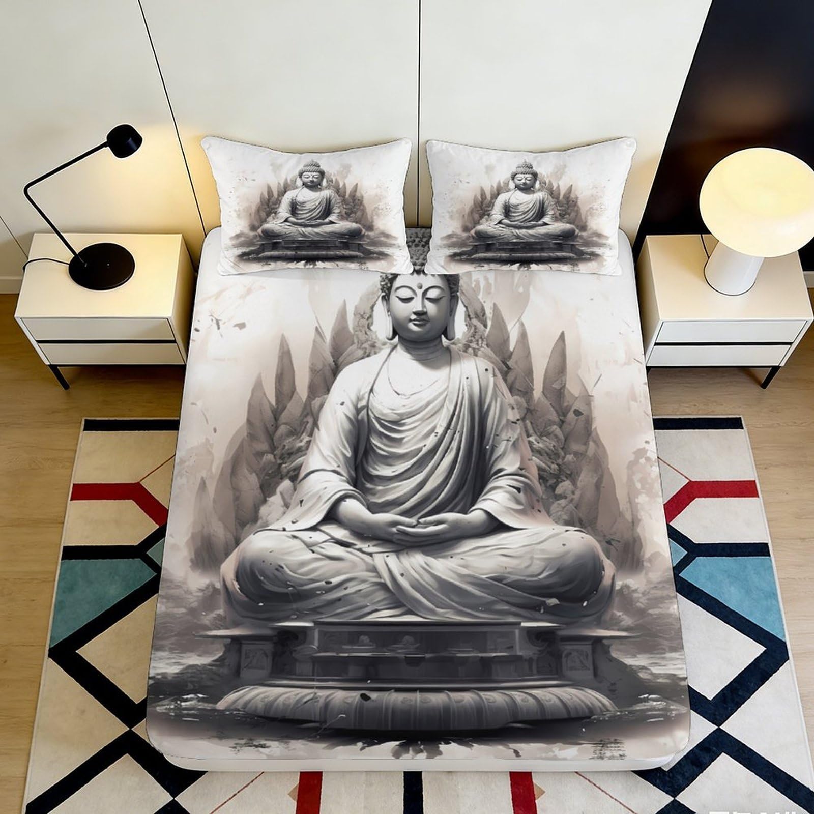 3D Printed Buddha Statue Fitted Sheet Microfiber Soft Grey Meditation Bed Cover for Bedroom Guest Room Decor 90x200x25cm