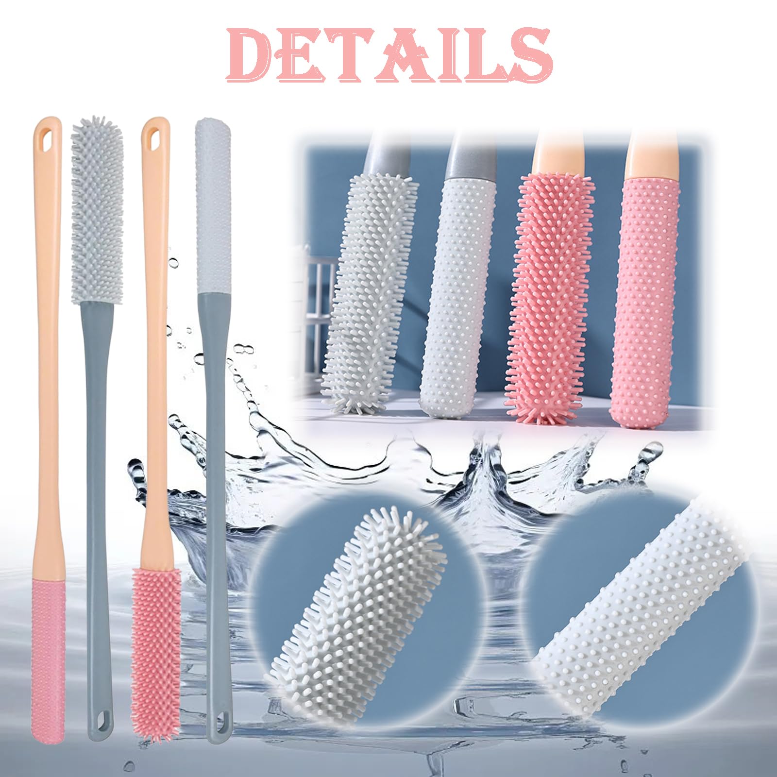 4PCS Silicone Foot Cleaning Brush With Long Handle Toe Cleaner Scrubber for Shower - Two Sizes of Brush Heads (Grey and Pink Sets) - Image 3