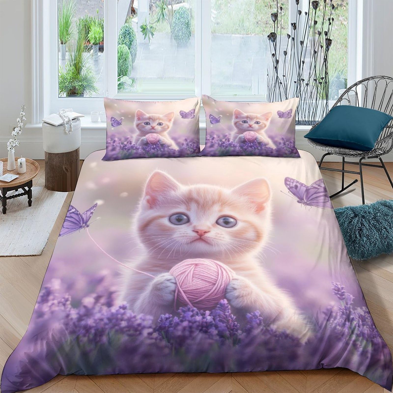 Ctjqhvkz Style-4 3D Printed Cute Kitten Lavender Fitted Sheet Microfiber Soft Anti-Slip Bed Cover For Bedroom Dorm Easy Care Decor Single（135X200cm）