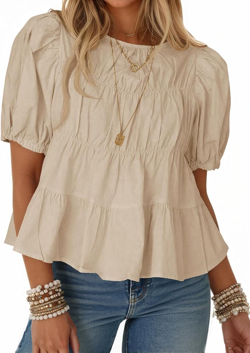 Tankaneo Blusa tipo babydoll con peplum y mangas abullonadas para mujer | Camisas fluidas de algodón plisadas, informales, bonita camiseta de muñeca para bebé, ajuste holgado, manga corta, ropa de moda