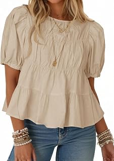 Tankaneo Women's Puff Sleeve Peplum Babydoll Top - 100% Cotton Summer Flowy Blouse, Casual Loose Fit Smocked Pleated T-Shirt