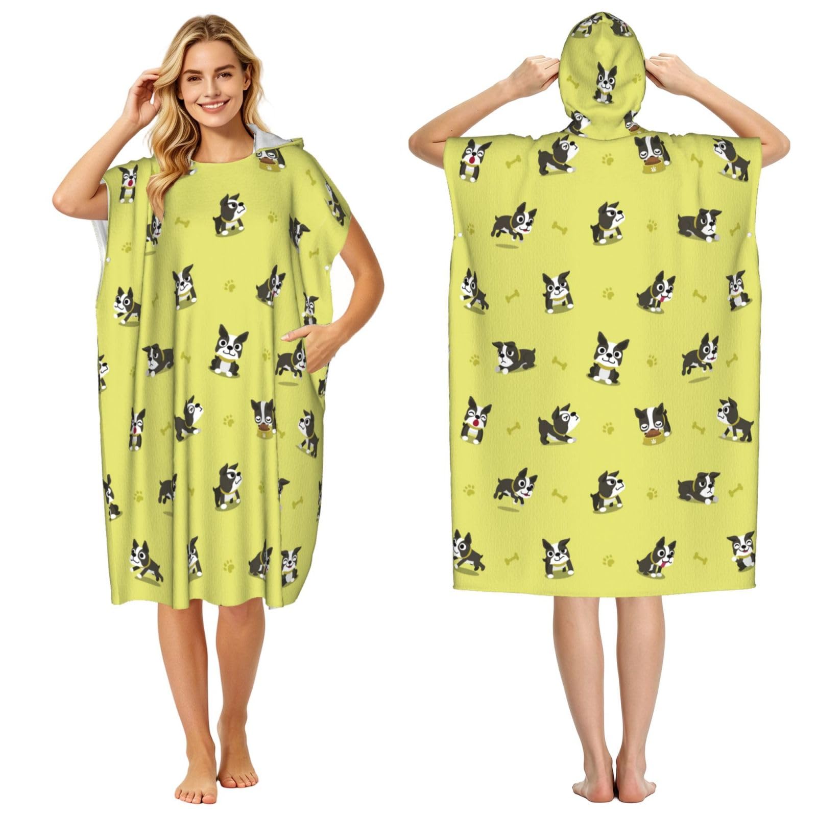 Poadnly Cartoon Boston Terrier Dog, Adult Hooded Beach Towel 90 x 110 cm,Changing Bath Robe, Surf Poncho Towel For Women Men