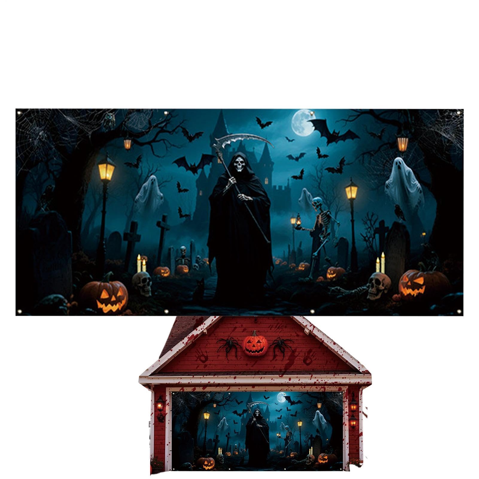 Decoración de Halloween para puerta de garaje grande de tela exterior