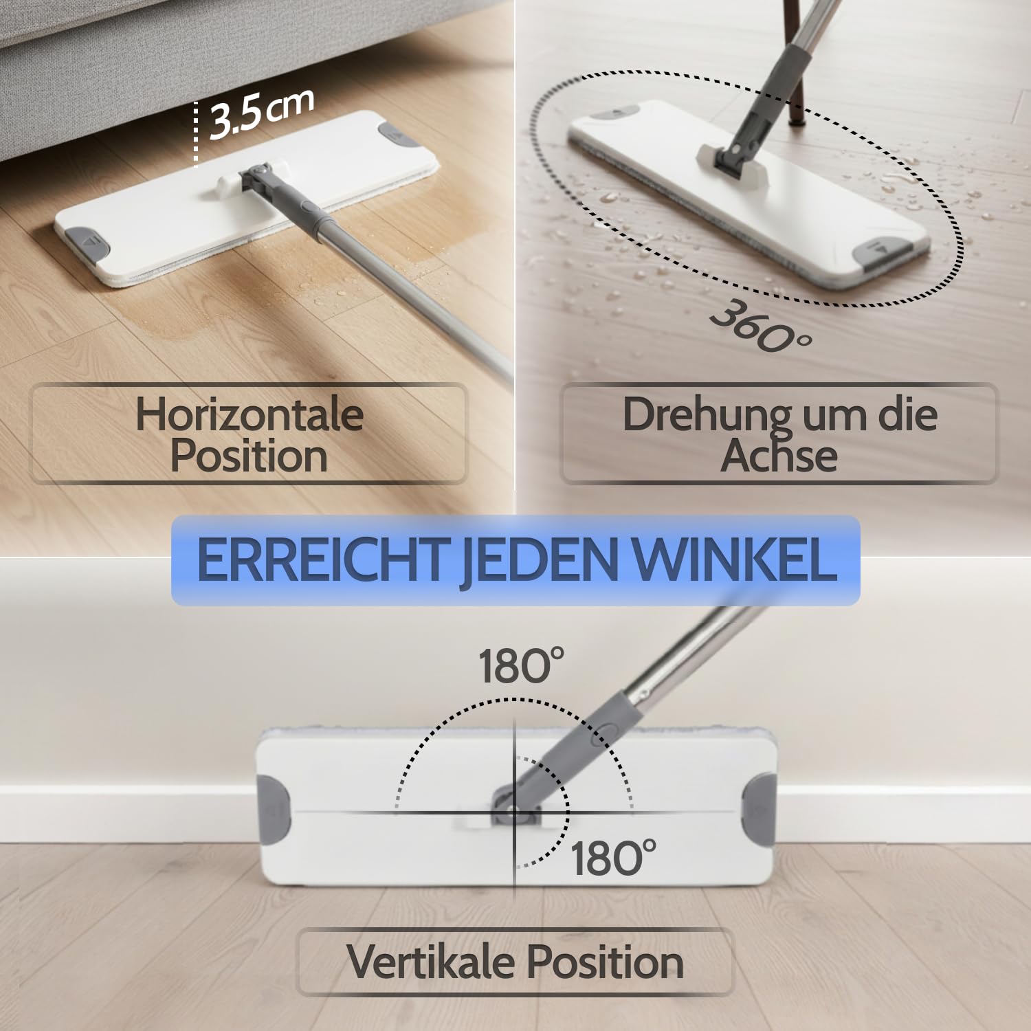 Allyson® Wischmopp Set mit Eimer, Auswringer, Haarentferner, inkl. 15 Mops | 3-Kammer-System für Wischen, Spülen & Trocknen, ohne Bücken & nasse Hände, gummierter Griff, für Fliesen & Laminat