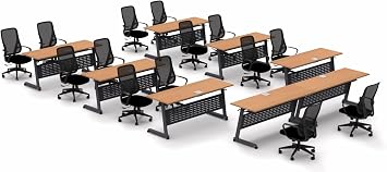 Tables Training Meeting Seminar Classroom Model 2567 22pc Beech Folding Industrial Caster Z-Base. Tables Connect. Modesty Panel, Shelf, Power + USB Outlet. Seating Included.