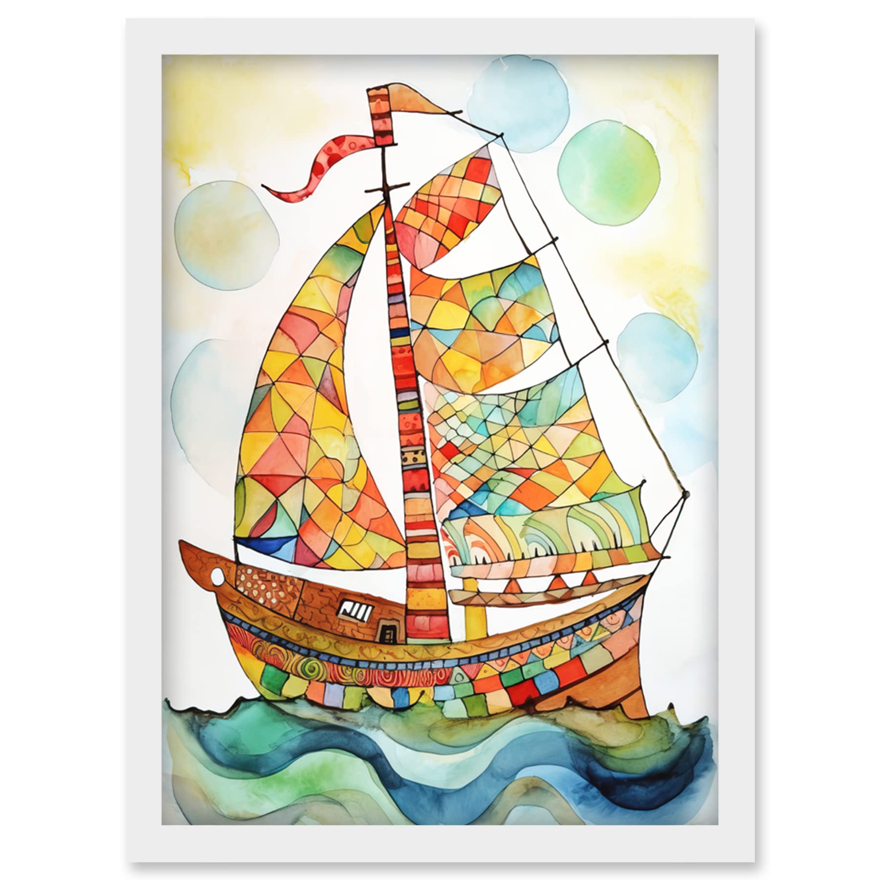 Artery8 Sailing Ship At Sunrise Folk Art Artwork Framed Wall Art Print A4