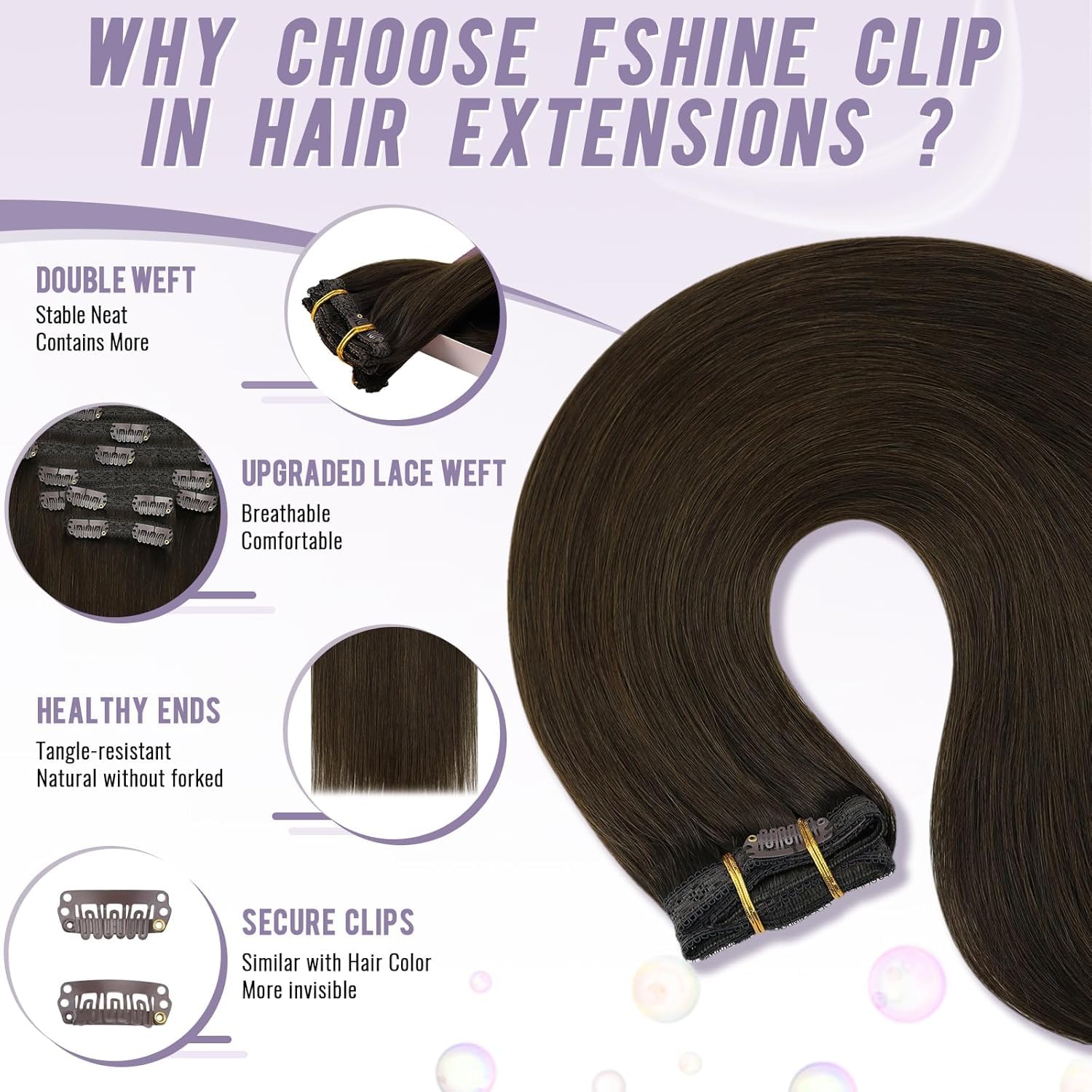 Clip in Hair Extension 50g 3 Pezzi Color 2 Marrone Scuro Lisci Extension con Clip 30cm Professionali Umani Extension per Bambina Double Weft Hair Extensions
