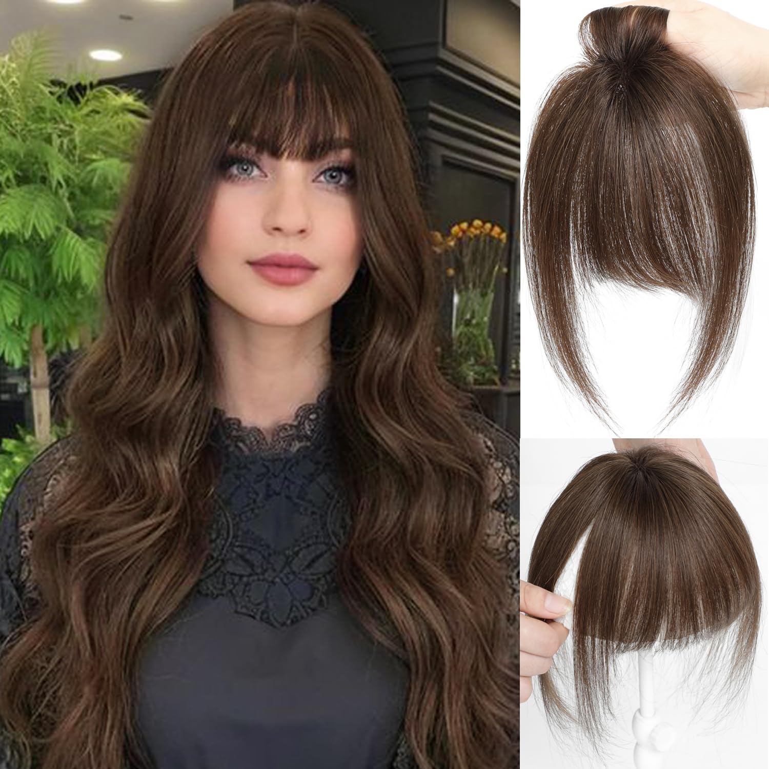 SEA SINGING Clip in Bangs Real Human Hair Extensions Air Bangs Hairpiecesfor Thinning Hair Women Real Hair 360°Clip on Bangs for Daily Wear Medium Brown