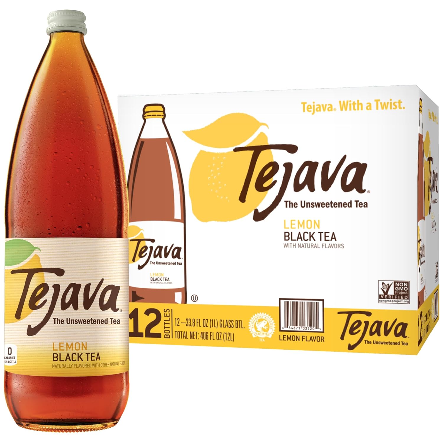 Tejava Lemon Black Iced Tea, 12 Pack, 1 Liter Glass Bottles, Unsweetened, Non-GMO, Kosher, No Sugar or Sweeteners, No calories, No Preservatives, Brewed in Small Batches