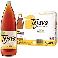 Vista 1 de Tejava Té helado negro limón, paquete de 12, botellas de vidrio de 1 litro, sin azúcar, sin OMG, Kosher, sin azúcar ni edulcorantes, sin calorías