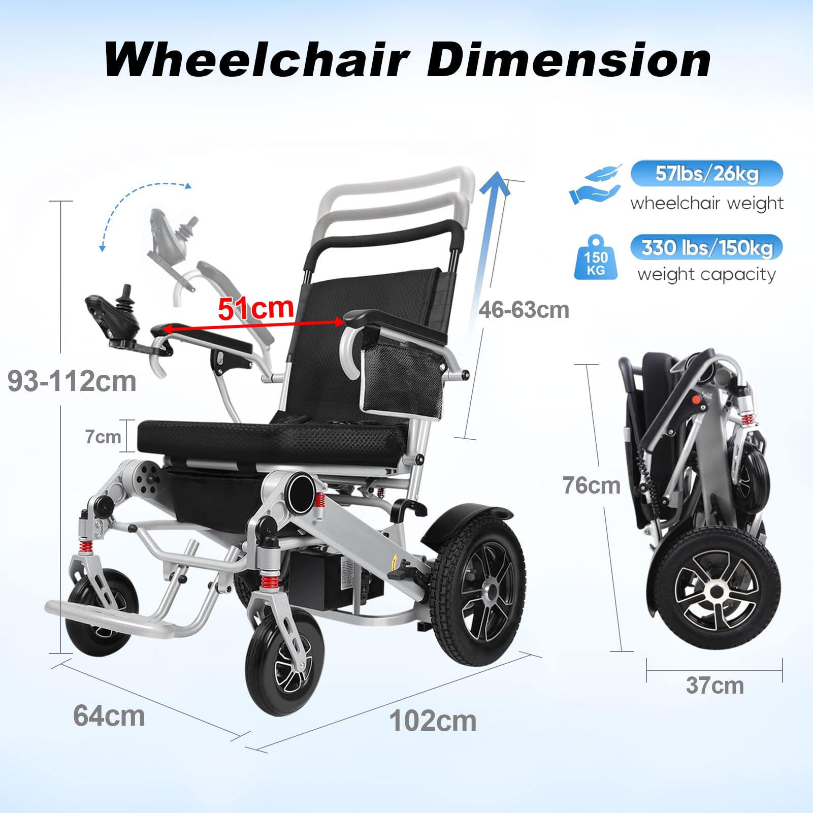 Fauteuil roulant électrique pliable, divisible, avec lumière LED et housse de protection, largeur d'assise de 51 cm, fauteuil roulant électrique, pliable, 2 fauteuils roulants électriques de 12