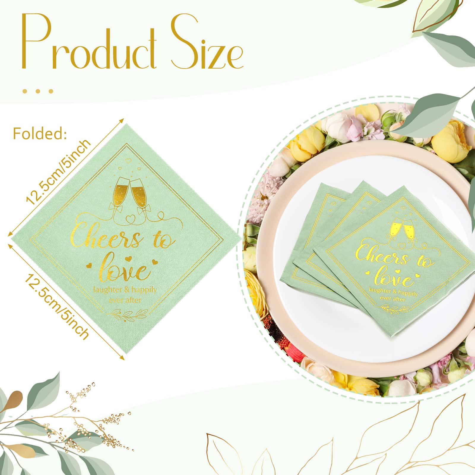Panelee 100 Pieces Cheers to Love Bridal Shower Napkins 3 Ply Disposable Sage Green Napkins Gold Foil Paper Wedding Cocktail Serviettes for Dinner Engagement Bachelorette Party Decorations, 5 x 5 in