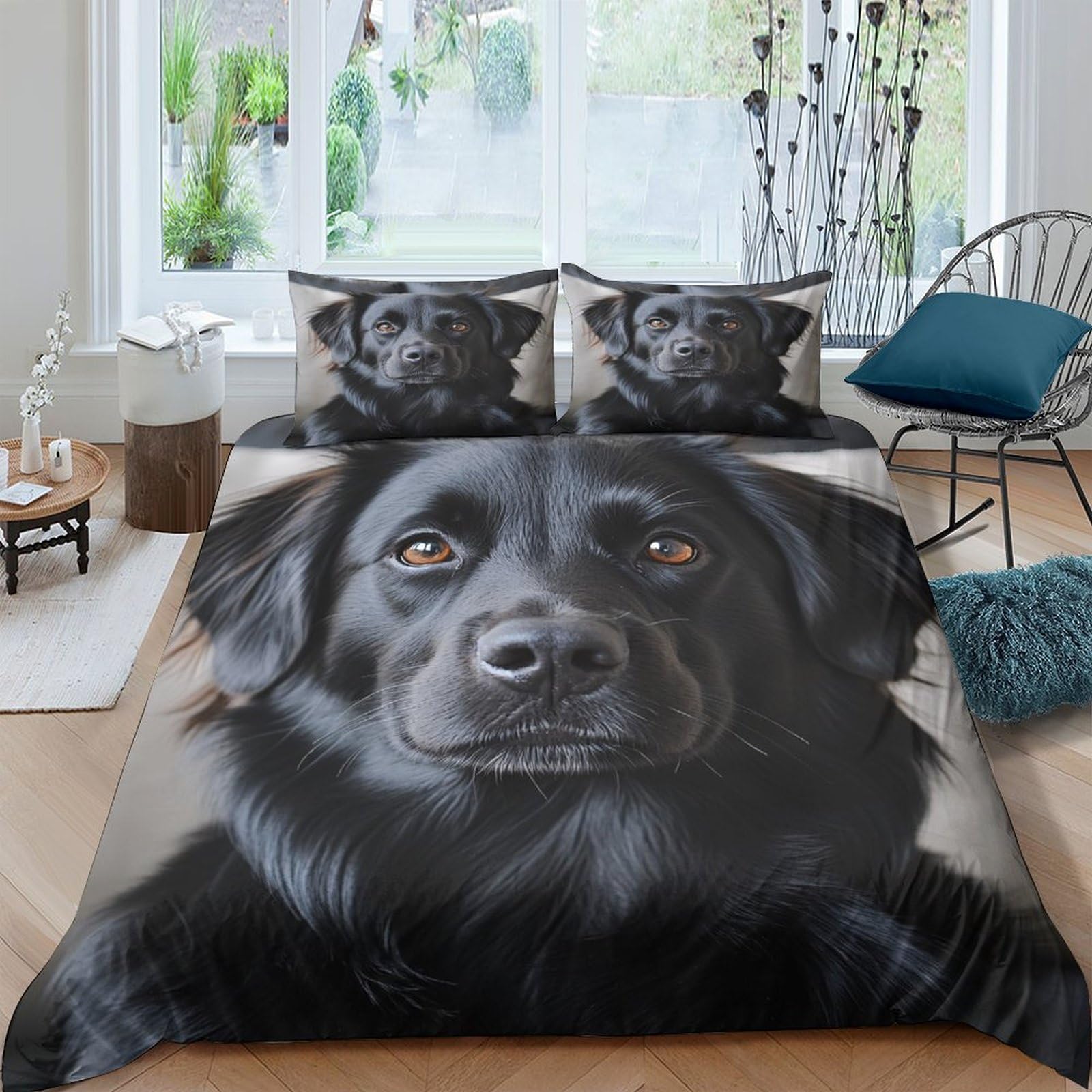 Ctjqhvkz Style-2 3D Printed Black Dog Portrait Fitted Sheet Microfiber Anti-Slip Bed Cover For Bedroom Guest Room Decor Easy Care Single（135X200cm）