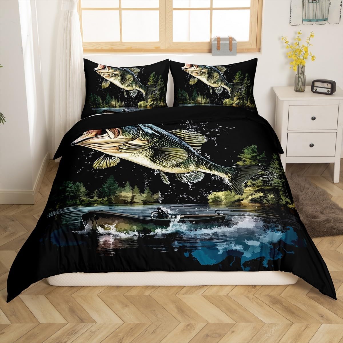 Feelyou Big Pike Fish Bedding Set Hunting and Fishing Duvet Cover Set for Kids Boys Girls Rustic Farmhouse Comforter Cover Wild Animal Quilt Cover with 1 Pillowcase 2Pcs Bedding Twin,No Comforter