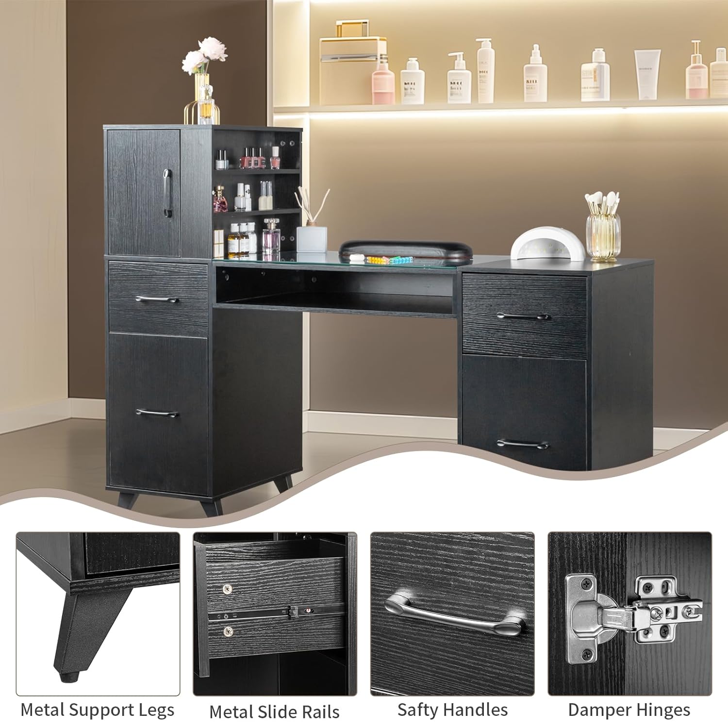 Paddie Manicure Table, Glass Table Top Nail Table Station Nail Makeup Desk for Nail Tech w/3 Side Cabinets, Nail Arm Rest, 3-Tiers Open Shelves, 2 Storage Drawers, Metal Handles (Black)