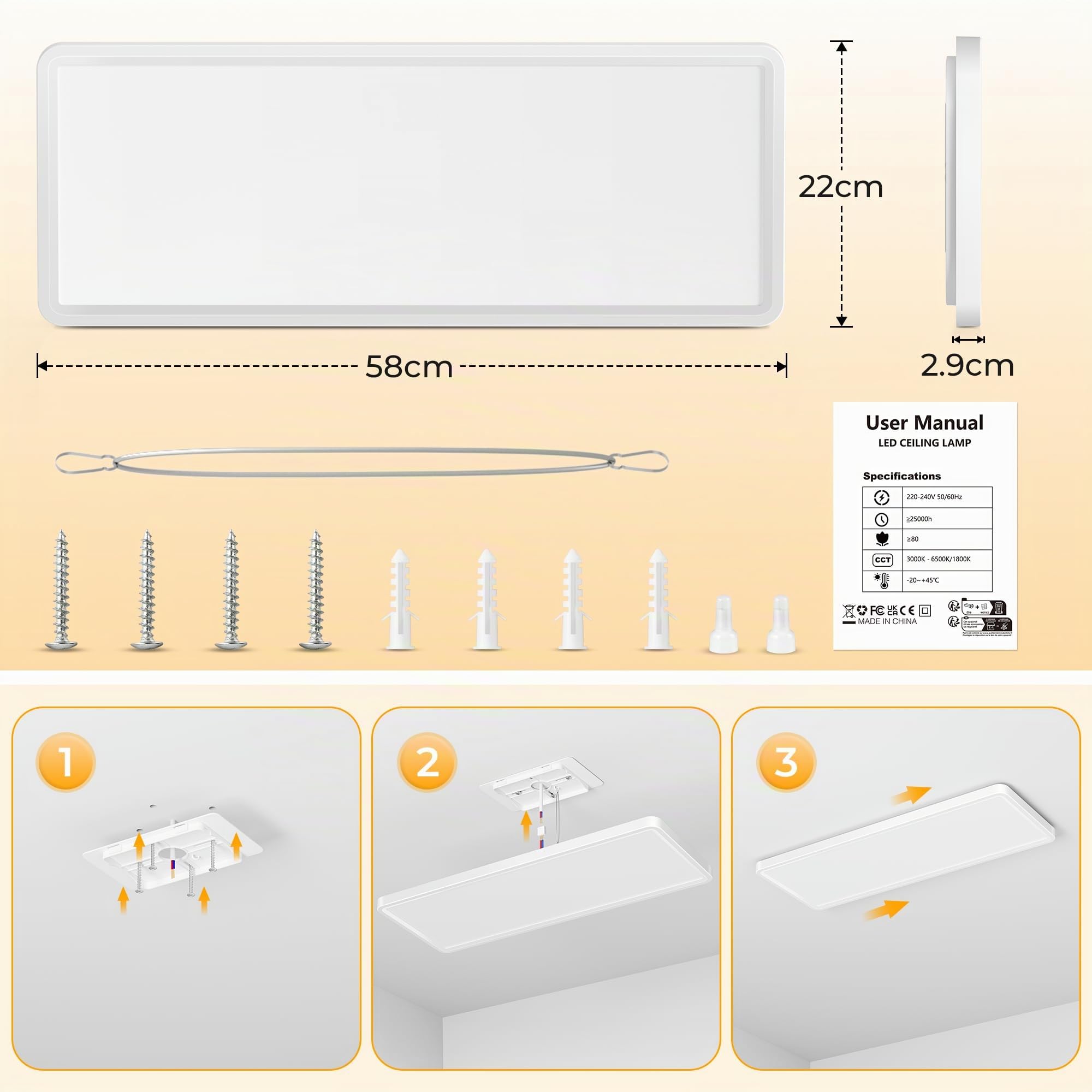 Plafonnier LED Plat, 58x22x2,9 cm Panneau LED 32W 3000LM 3000K/4000K/6500K IP44 Lampe de Cuisine Plafonnie, Lampes Plafonnier Long pour Salon Chambre Cuisine Salle de Bain Couloir, Blanc | 32 W 3000 lm 3000 K/4000 K/6500 K IP44 Plafonnier plat pour salon,