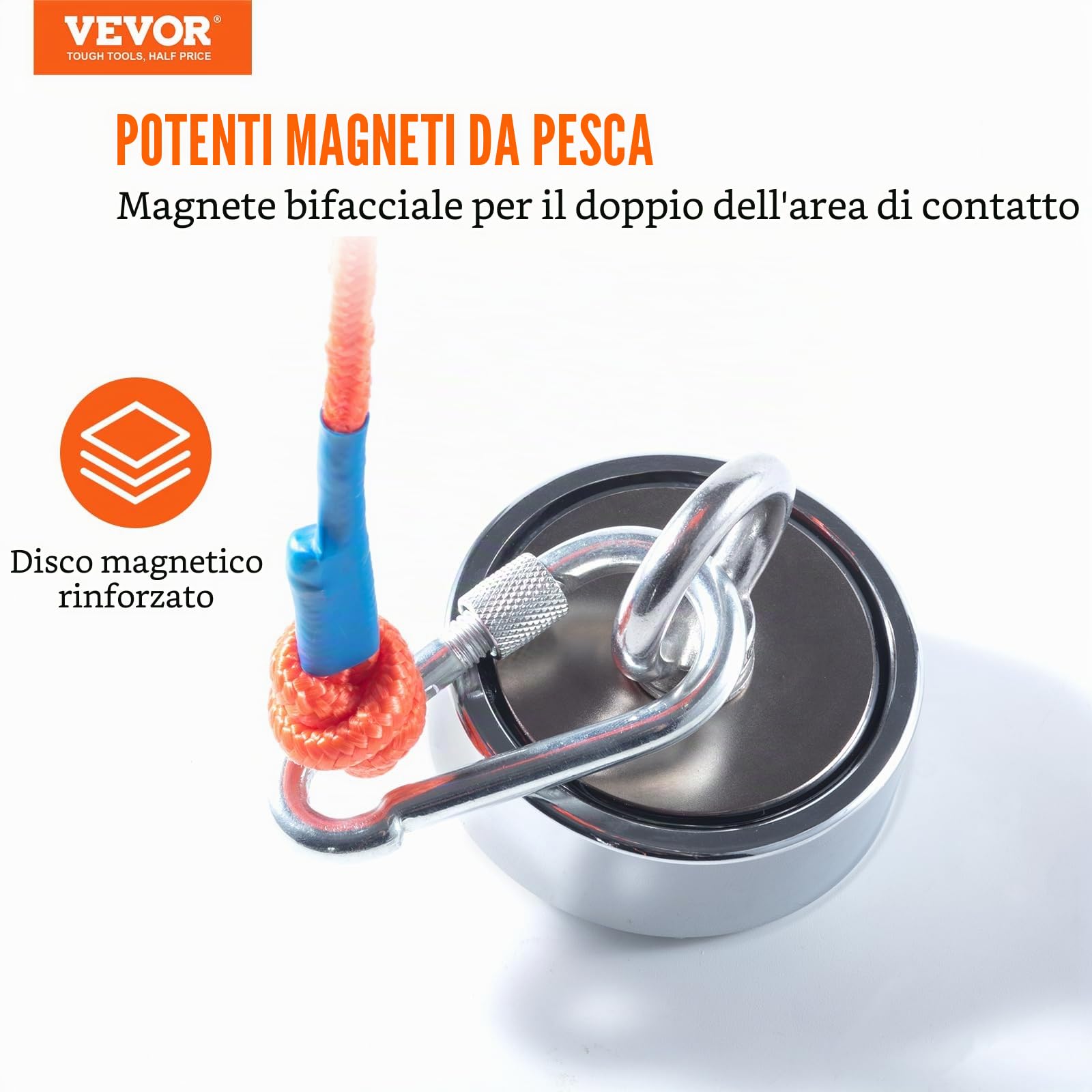 VEVOR Kit da Pesca con Magnete Bifacciale Capacità Carico max. 272x2kg in Totale, Kit da Pesca con Magnete al Neodimio con Corda, Kit di Magnete a Doppia Faccia per Pesca Caccia al Tesoro Sott'Acqua