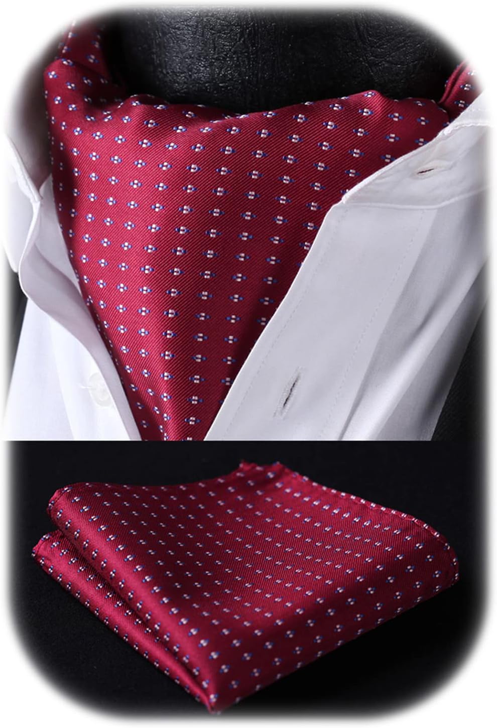 HISDERN Polka Dot Ascot Handkerchief Jacquard Woven Cravat & Pocket Square Set