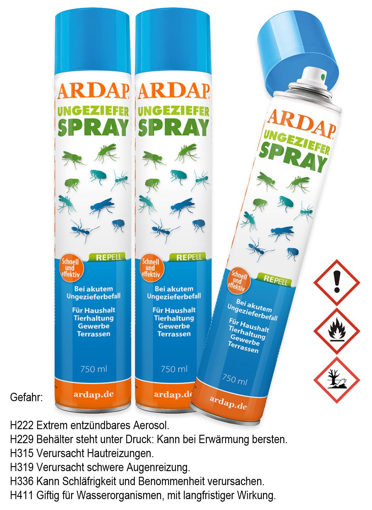 ARDAP Repell Ungezieferspray 3x750ml - Insektenspray bei akutem Ungezieferbefall - Abwehrend bei Insektenbefall - Insektenspray Wohnung - Mückenspray - Schädlingsfrei - Wirkt schnell & effektiv (PT19)