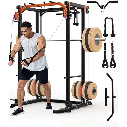 Power Cage, Power Rack with Cable Crossover System, 2000LBS Squat Rack with LAT Pull Down System, Workout Cage with Pulley System for Fitness Home Gym Strength Training (Red&Black)
