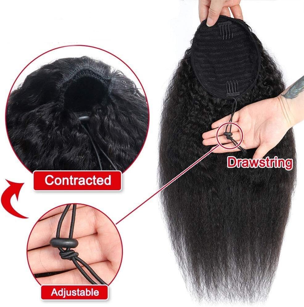 Datanala Kinky Straight Ponytail Extensions Human Hair Drawstring Ponytail Extension Brazilian Remy Kinky Straight Human Hair Ponytail Clip in Hair Extensions Nature Black Color (20Inch) - Image 3