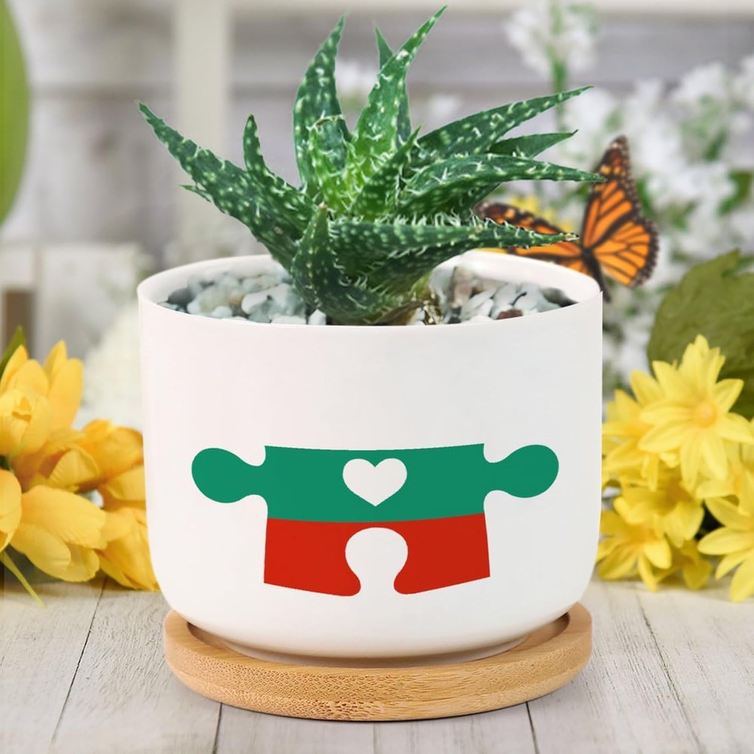 Bulgaria Flag Puzzle with Heart Ceramic Planter Patriotic Decorations Planters for Indoor Plants with Drainage Holes and Saucers Pot for Succulents Cactus Garden Windowsill