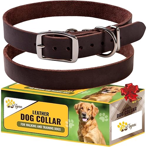 ADITYNA - Leather Dog Collar for Medium Dogs - Classic Style, Soft and Strong, Heavy Duty, Top-Grain Leather, Handmade - for Walking, Training, Hiking, and Running (M - Neck: 15-20 inches, Brown)