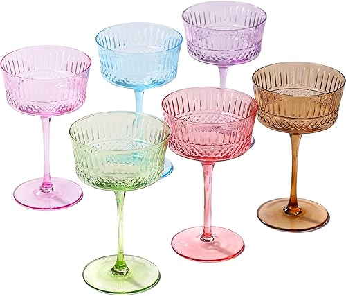 Physkoa Copas de cupé de colores vintage de 9.3 onzas, juego de 6 vasos de cóctel de Martini de cristal, juego de copas de cóctel vintage, vasos de