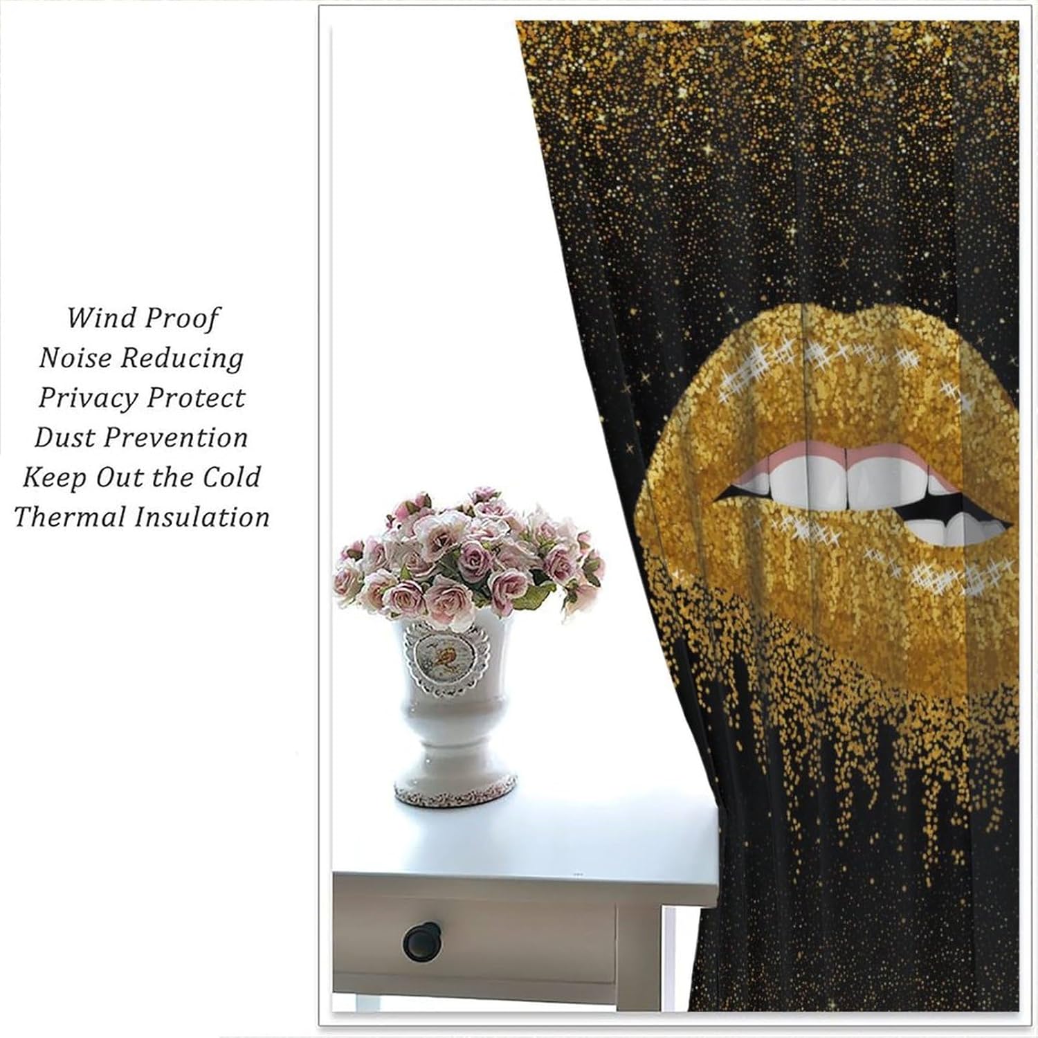 Lips Blackout Curtains Black Gold Luxury Modern Abstract Art Print for Girls Women Bedroom Living Room Bathroom Rod Pocket Decoration Window Drapes 2 Panels W21xL54in