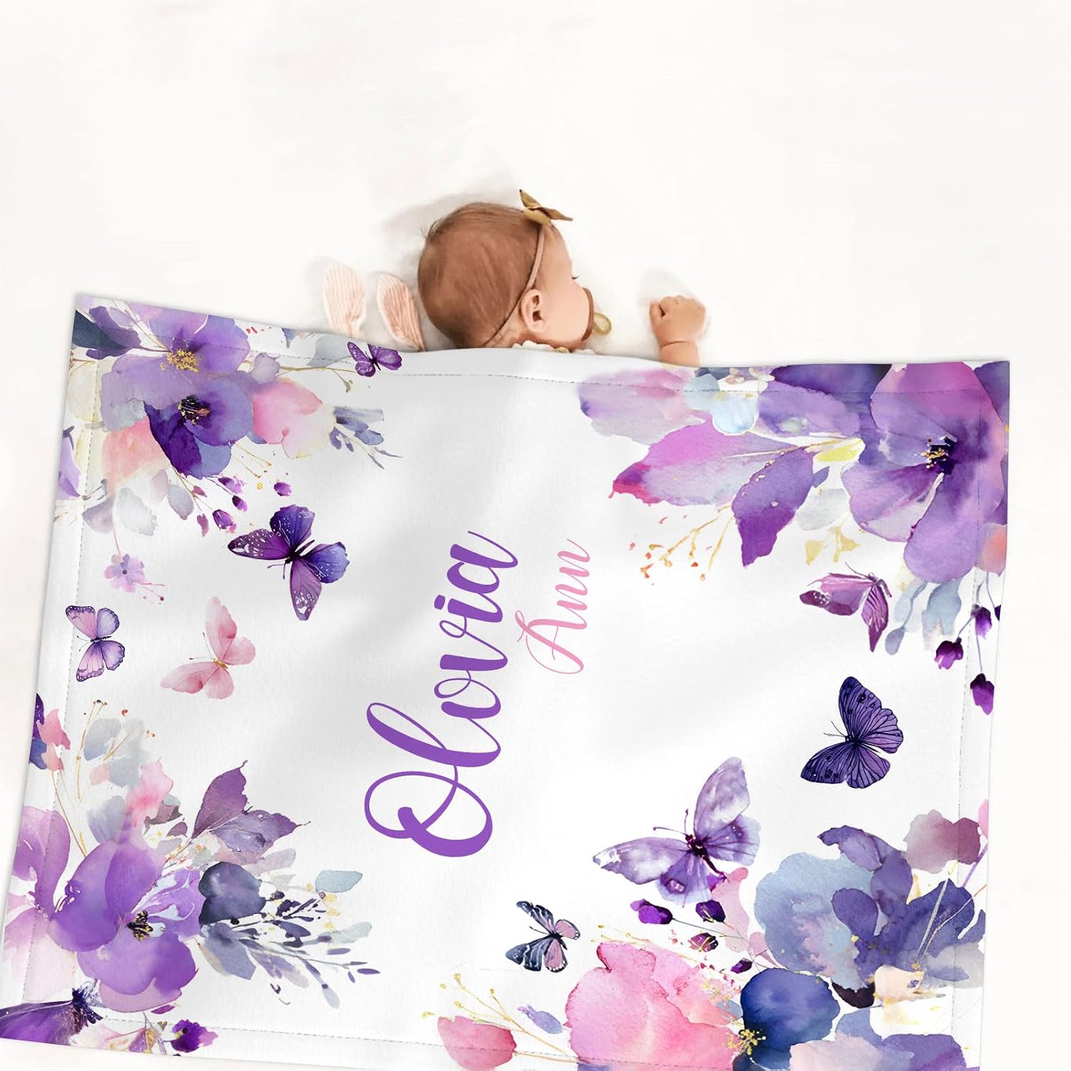 Personalized Baby Crib Bedding Sets for Girls – Custom Name 3 Pcs Butterfly Purple Nursery Set with Soft Blanket, Fitted Sheet & Pillowcase for Newborn or Infant Gift