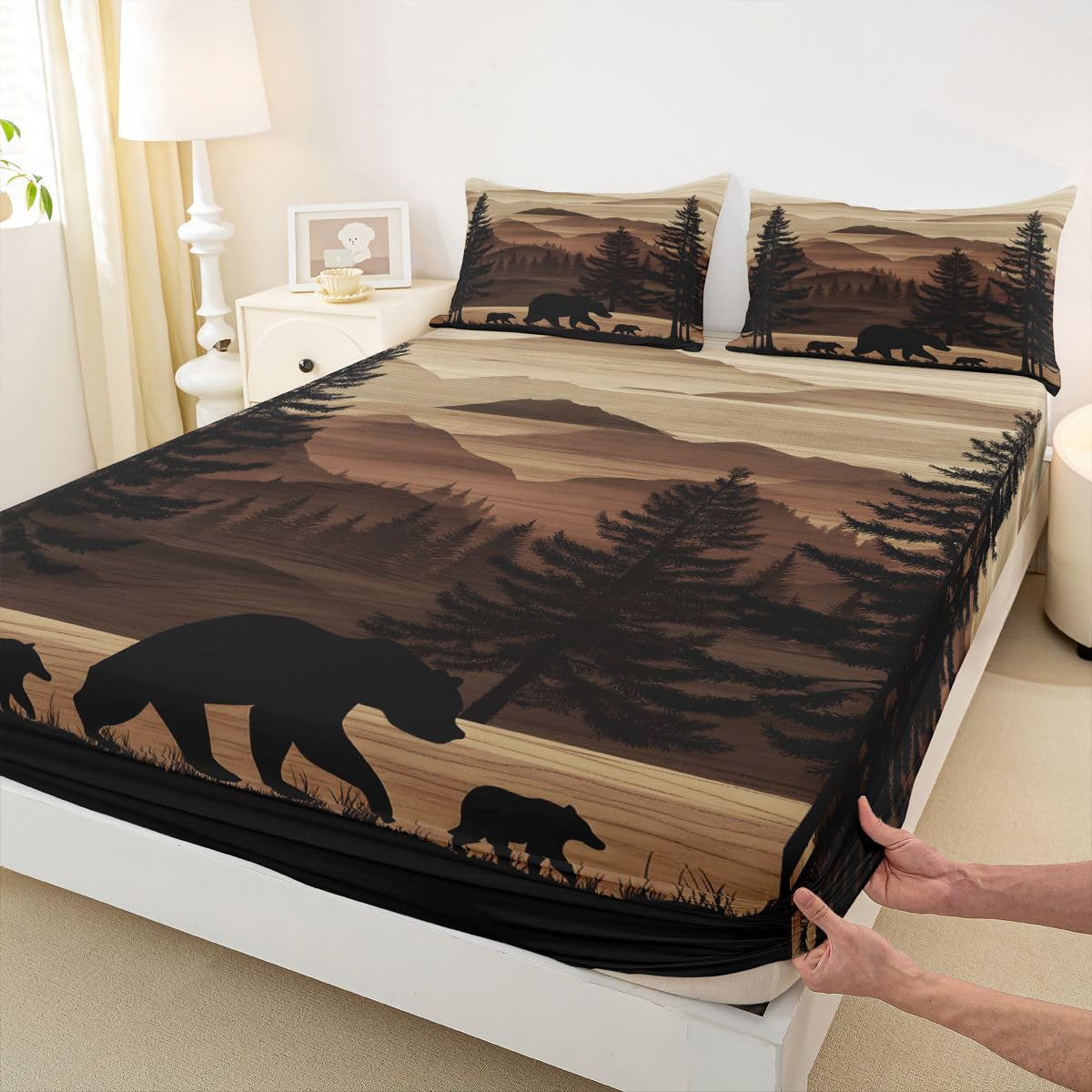 Homemissing Sábana bajera ajustable de oso tamaño King para niños y niñas, con bolsillo profundo de 16 pulgadas de profundidad, ropa de cama rústica con 2 fundas de almohada, decoración de habitación