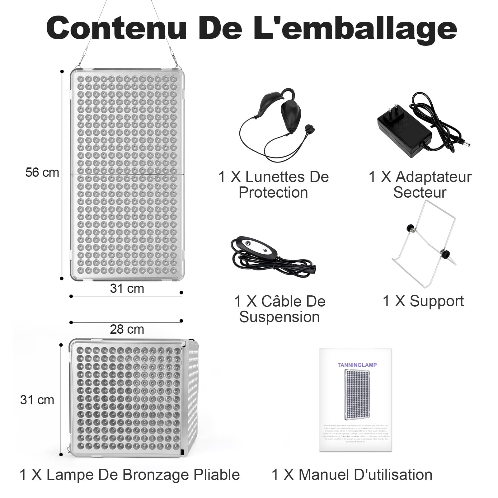 Lampe de bronzage 48 W avec 338 LED, solarium portable pliable pour visage et corps, protection pour les yeux
