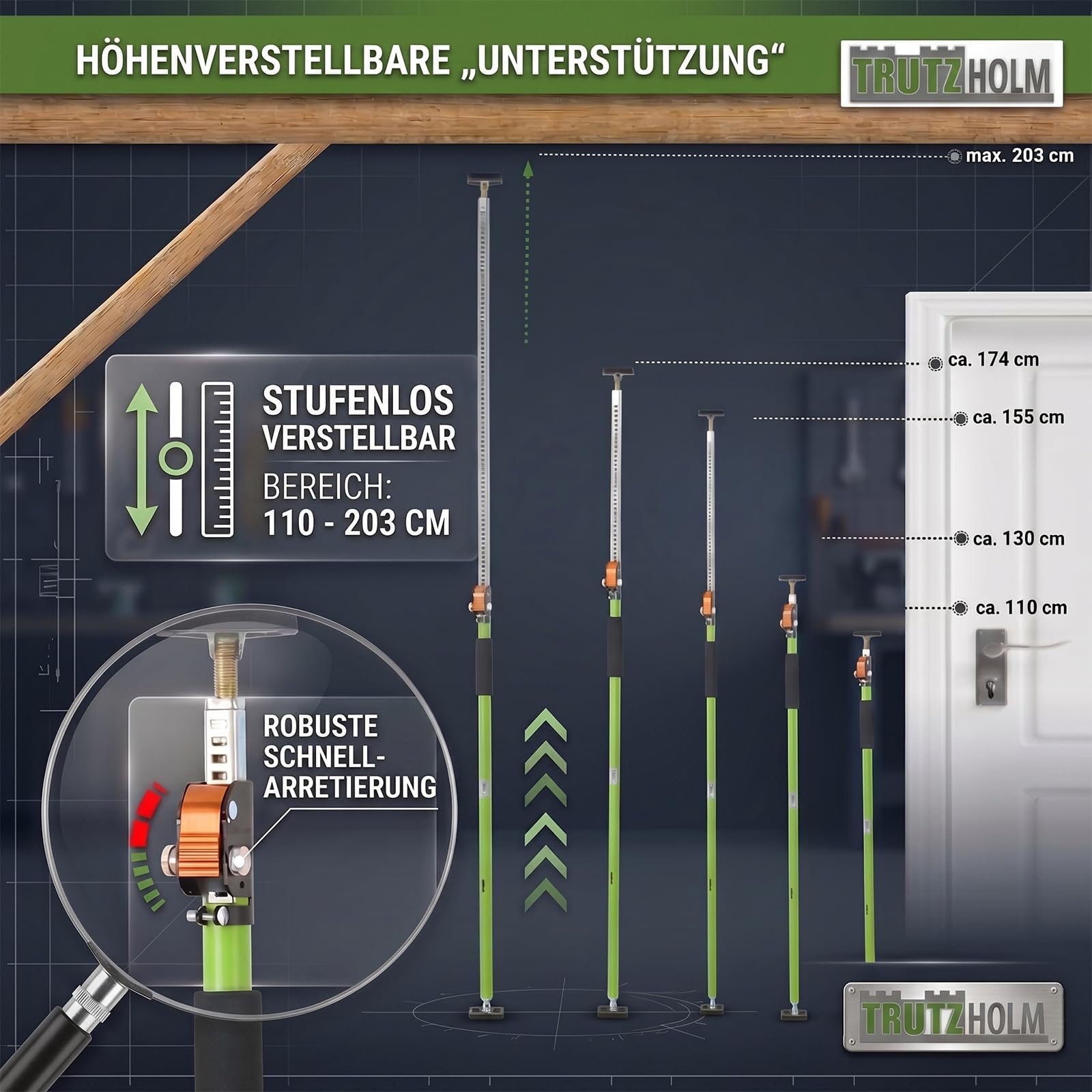 TRUTZHOLM Einhandstütze 110–203 cm Montagestütze Deckenstütze Teleskopstütze 60 kg Tragkraft höhenverstellbar, robust, 45 Grad neigbar, teleskopierbar, verschiedene Mengen (2)