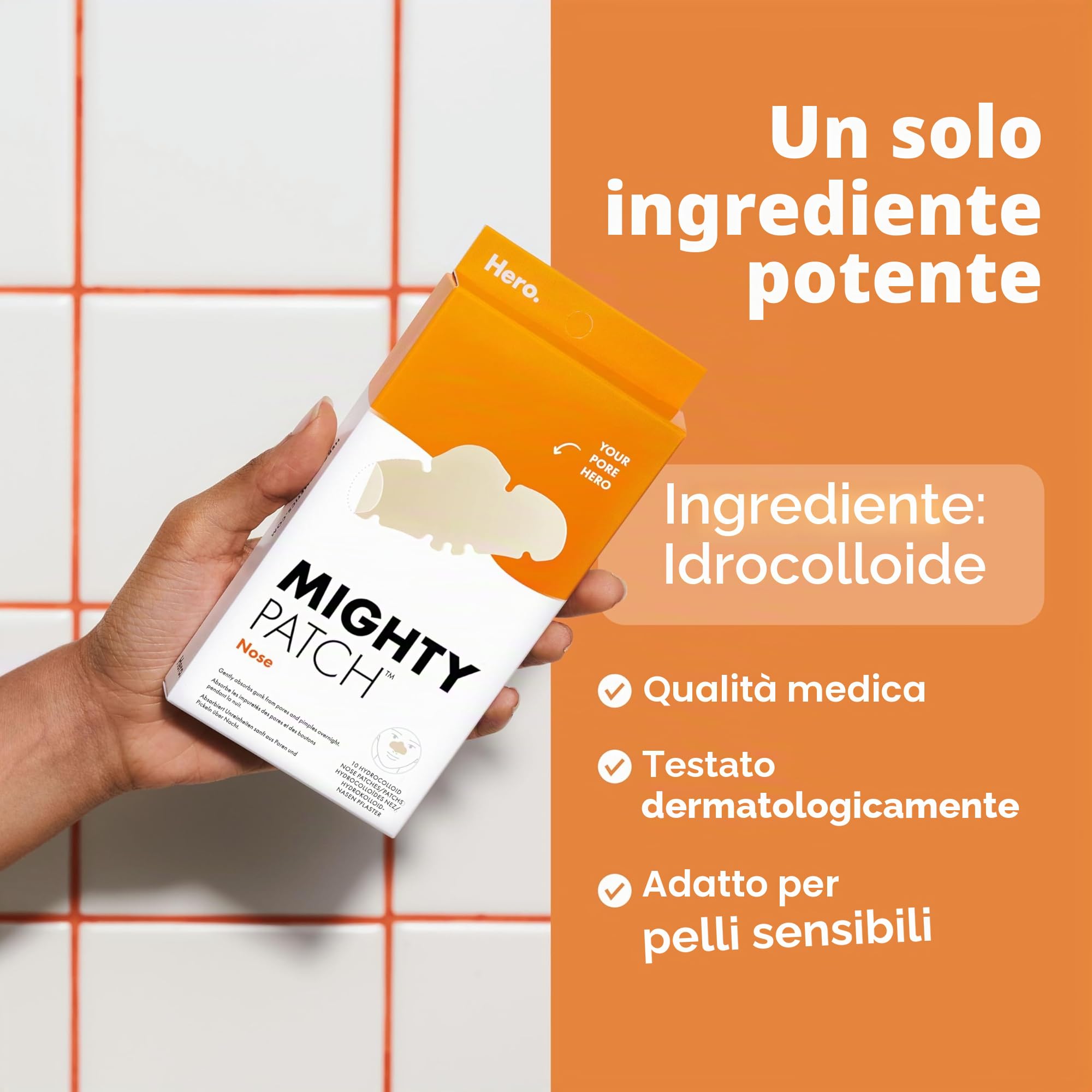 Hero Mighty Patch Nose: Cerotto anti-acne all'idrocolloide che assorbe le impurità dai pori e dai brufoli sul naso in 6 ore, confezione da 10 cerotti.