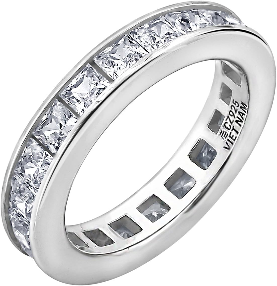 Anillo de plata de ley chapada en platino con circonita cúbica y elementos infinitos en forma de canal de talla princesa