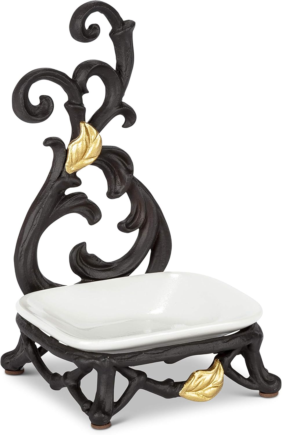 4.4"L x 4"W x 7.1"H Gold Leaf Metal Spoon Rest with White Ceramic Stoneware Dish