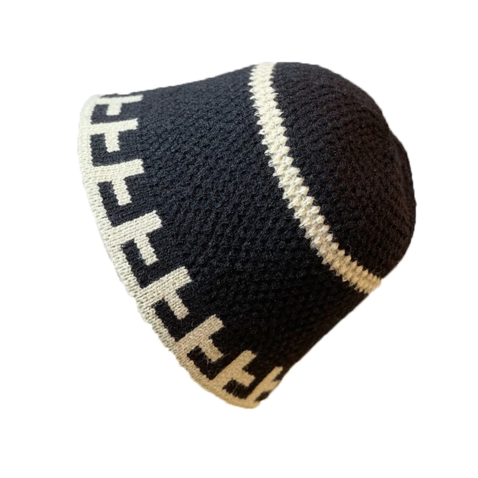 ACOGO Crochet Thickened Bucket Hat Women Girls Two-Color Contrast Elastic Knitted Hat Fashion T Letter Caps Brim Design