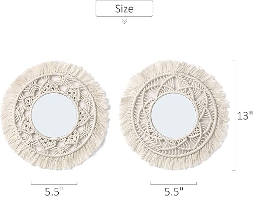 Miniatura 7 de Mkono Espejo de pared colgante con flecos de macramé, espejo redondo bohemio, decoración artística para apartamento, sala de estar, dormitorio,
