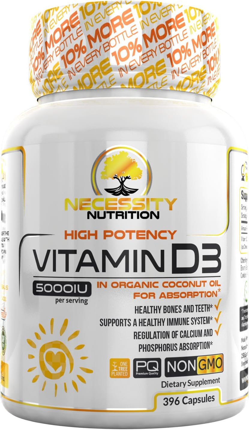 Vitamin D3 5000 IU Softgels Supplement 396 Capsules Gluten Free Made Organic Coconut Oil Non GMO Certified Supports Immune Function Strong Bone Health High Potency Cholecalciferol Calcium Benefits