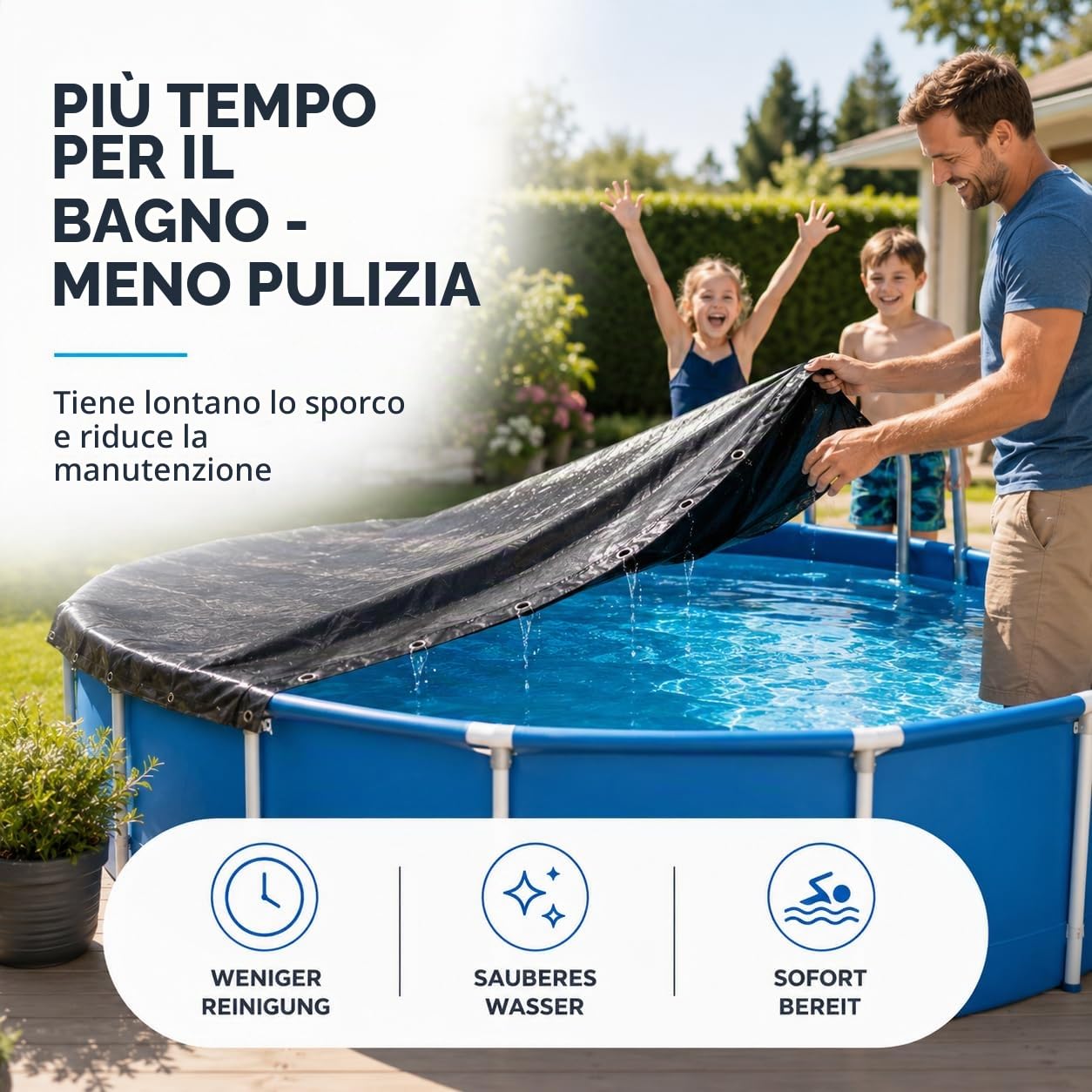 Telo di copertura per piscina rotondo, extra spesso, 200 g/m², resistente ai raggi UV, per l'estate e l'inverno, colore nero (380 – 420 cm (diametro 480 cm)